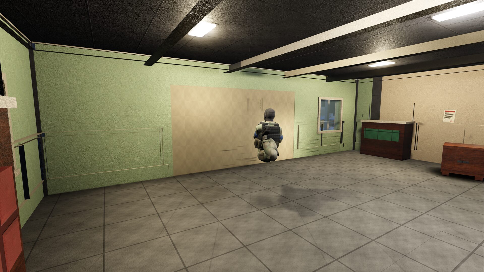 Approach: the operator crosses the teller hall toward the wall he is about to open.