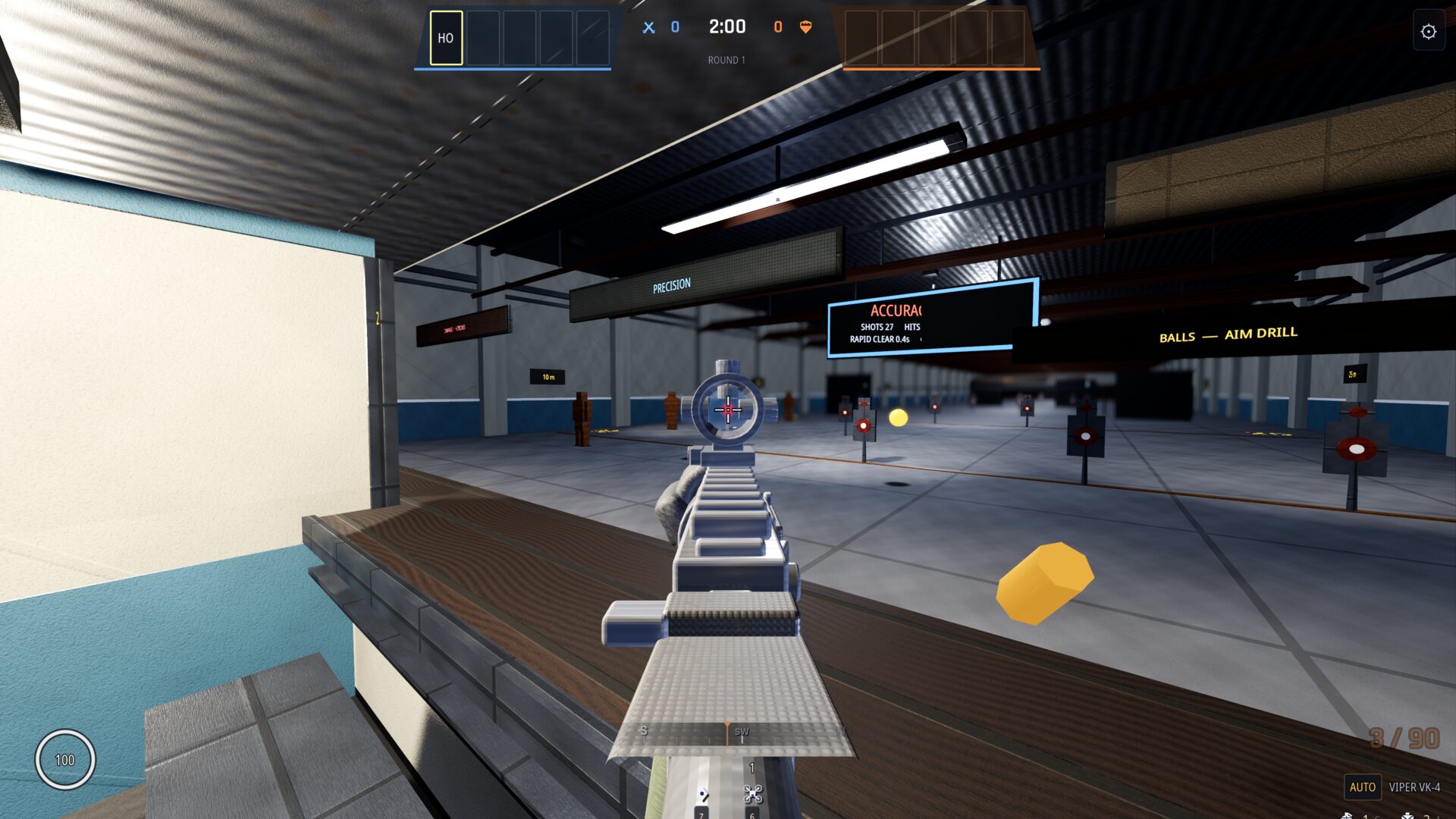 Mid-burst at the indoor range: the sight holds on the lane with the spent case still in the air.