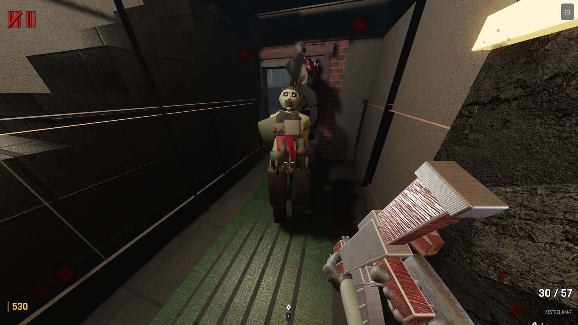 A walker comes down the corridor, lit and close — Outbreak, first person.