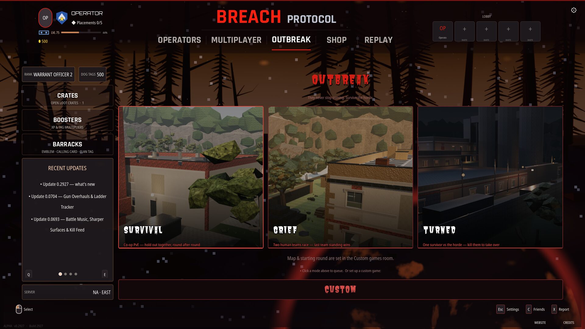 The Outbreak page in the front end — Survival, Grief and Turned, with the custom room that sets the map and the starting round.