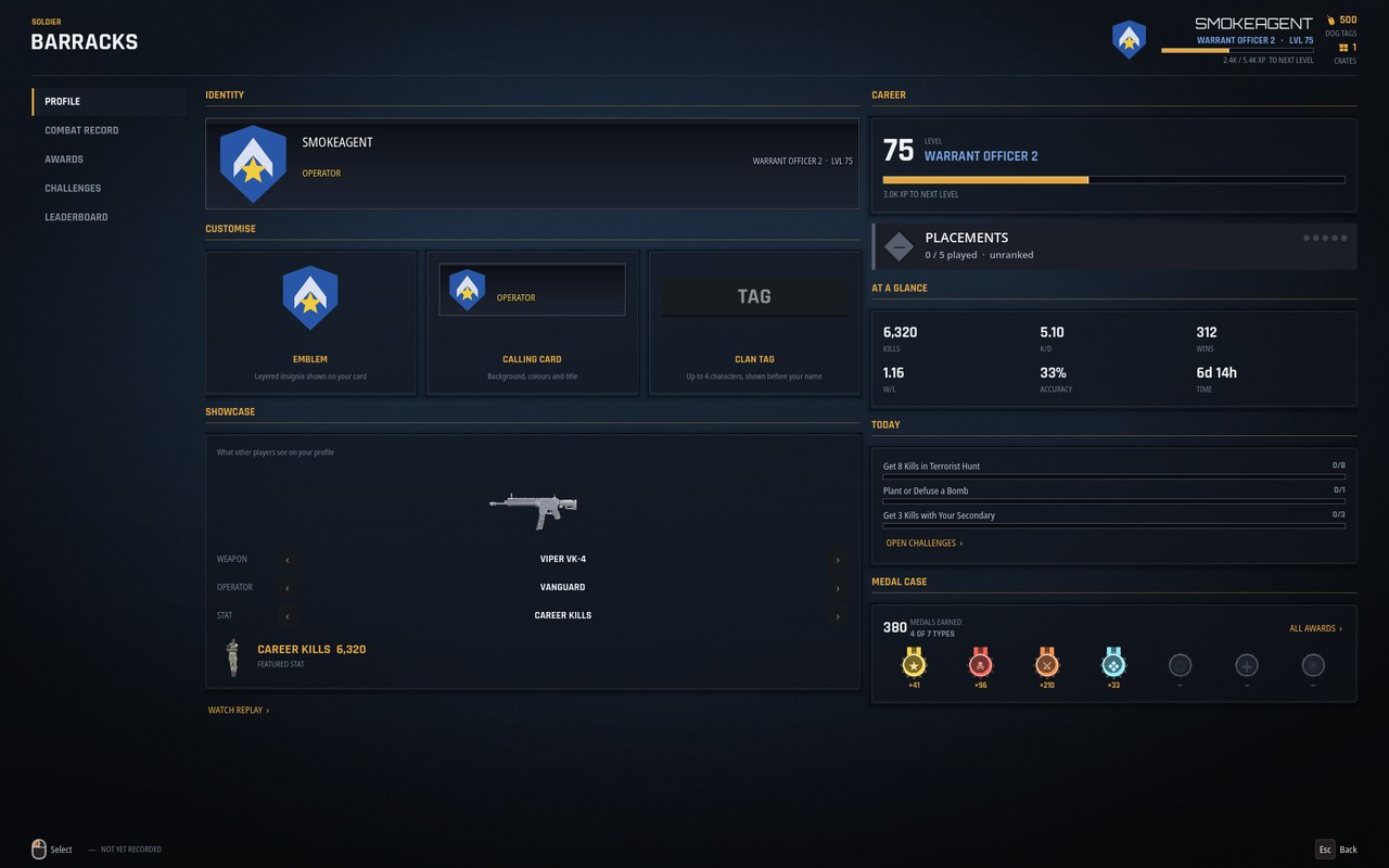 The Barracks profile screen: rank insignia and level, an experience bar, career statistics, the day's challenges and a medal case