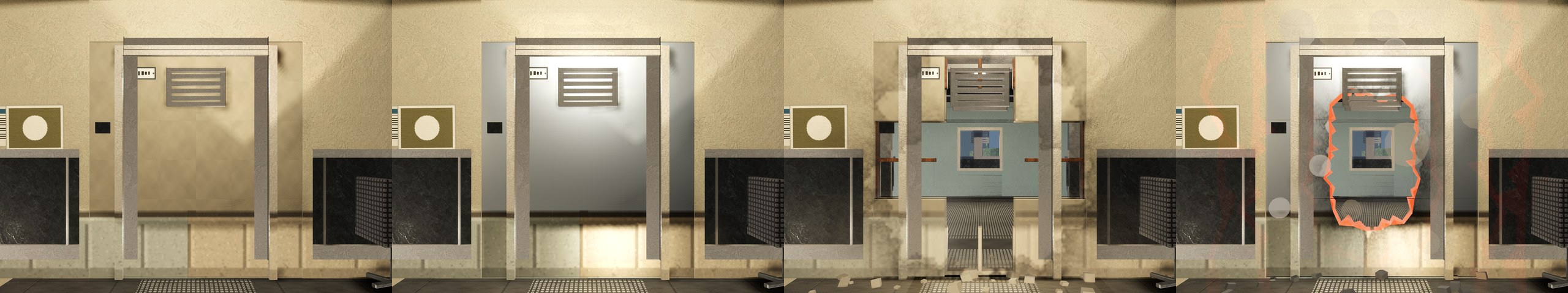 The same wall in four states: intact, reinforced, breached by gunfire, and opened by a thermal charge