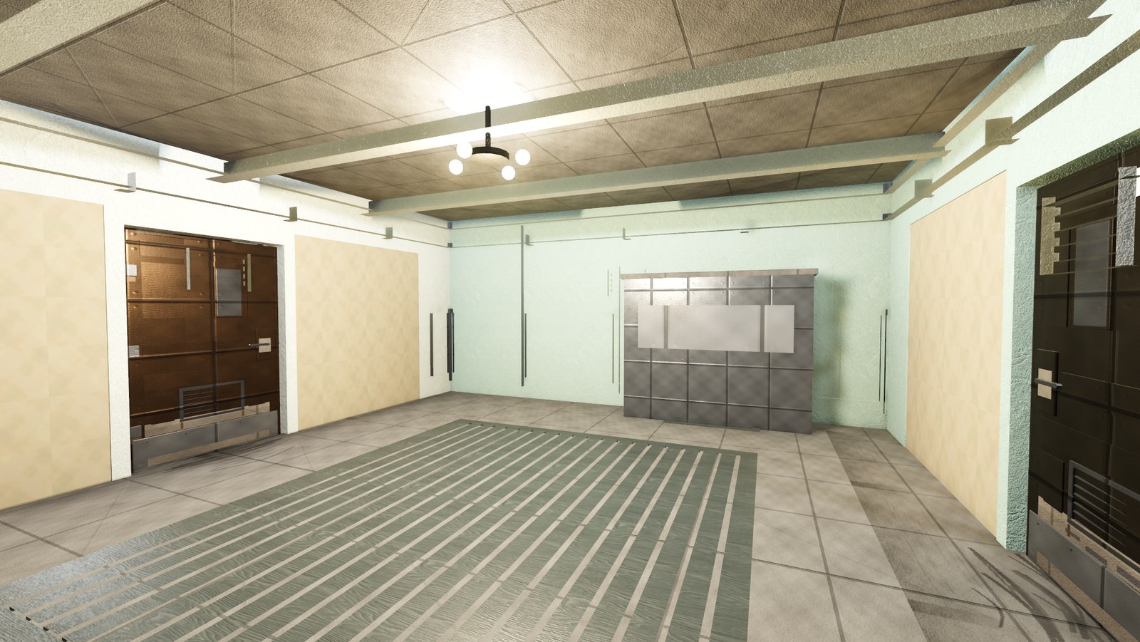 In-engine view of Turbine Hall on Cinderfell: the turbine hall below ground, machine bays lit from the walkway.