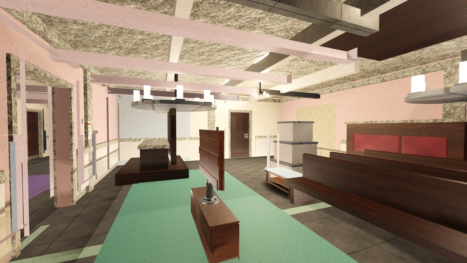 In-engine view of Assembly Room on Cornmarket: the first-floor assembly room over the market, tall windows down one wall.