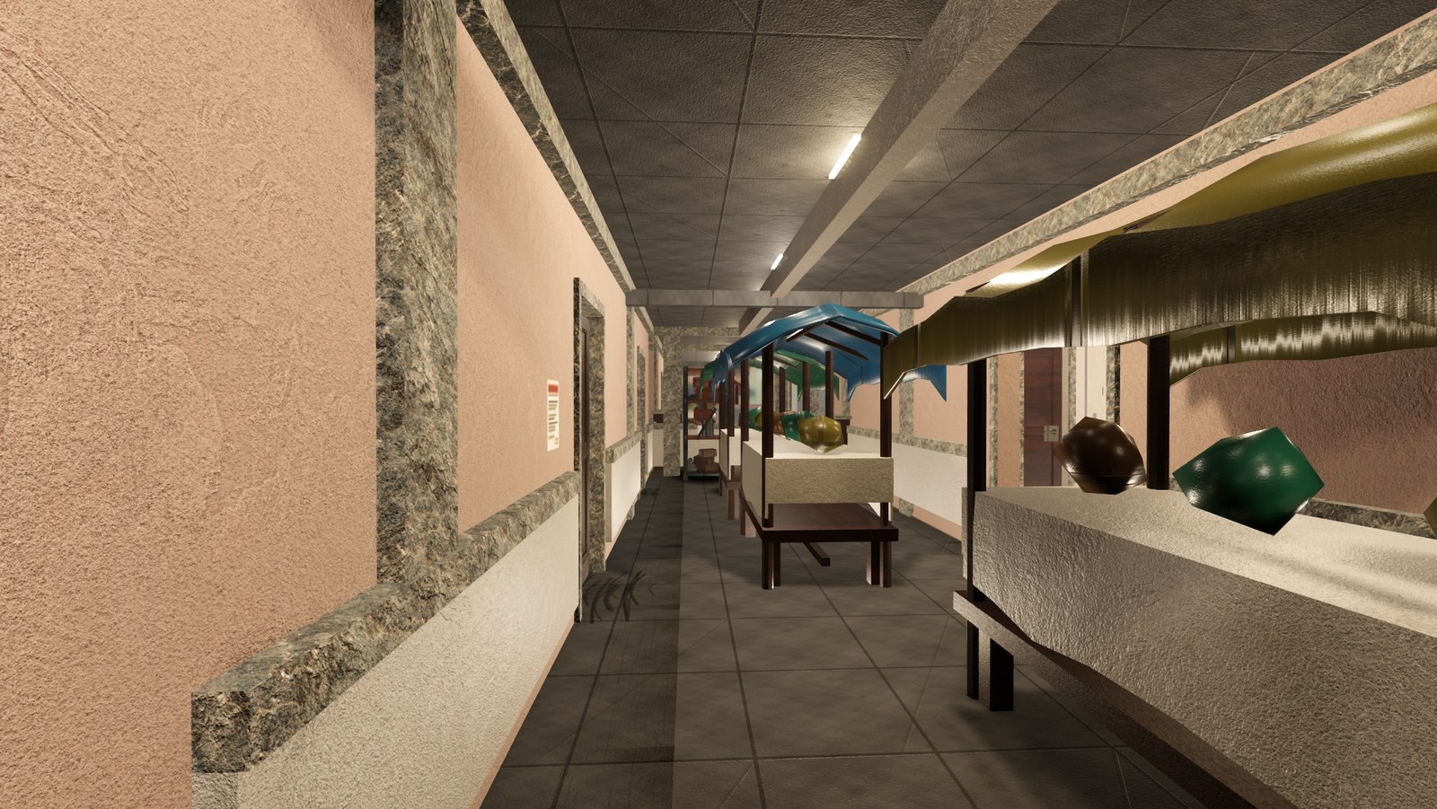 In-engine view of Market Floor on Cornmarket: the open market floor at the crossing, looking the full length of the cross.