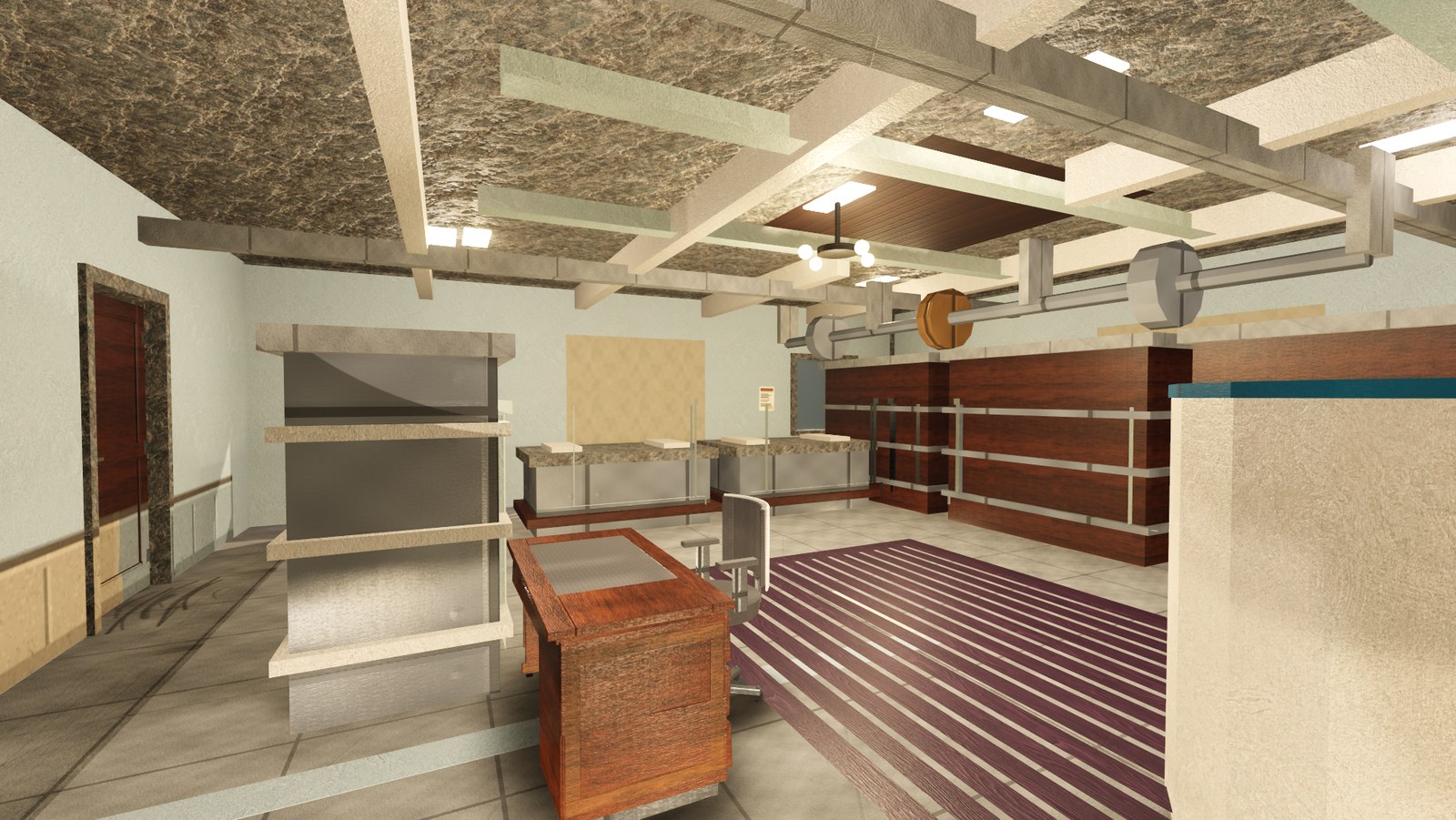 In-engine view of Case Room on Inkworks: the case room above the presses, type frames and the editorial floor beyond.