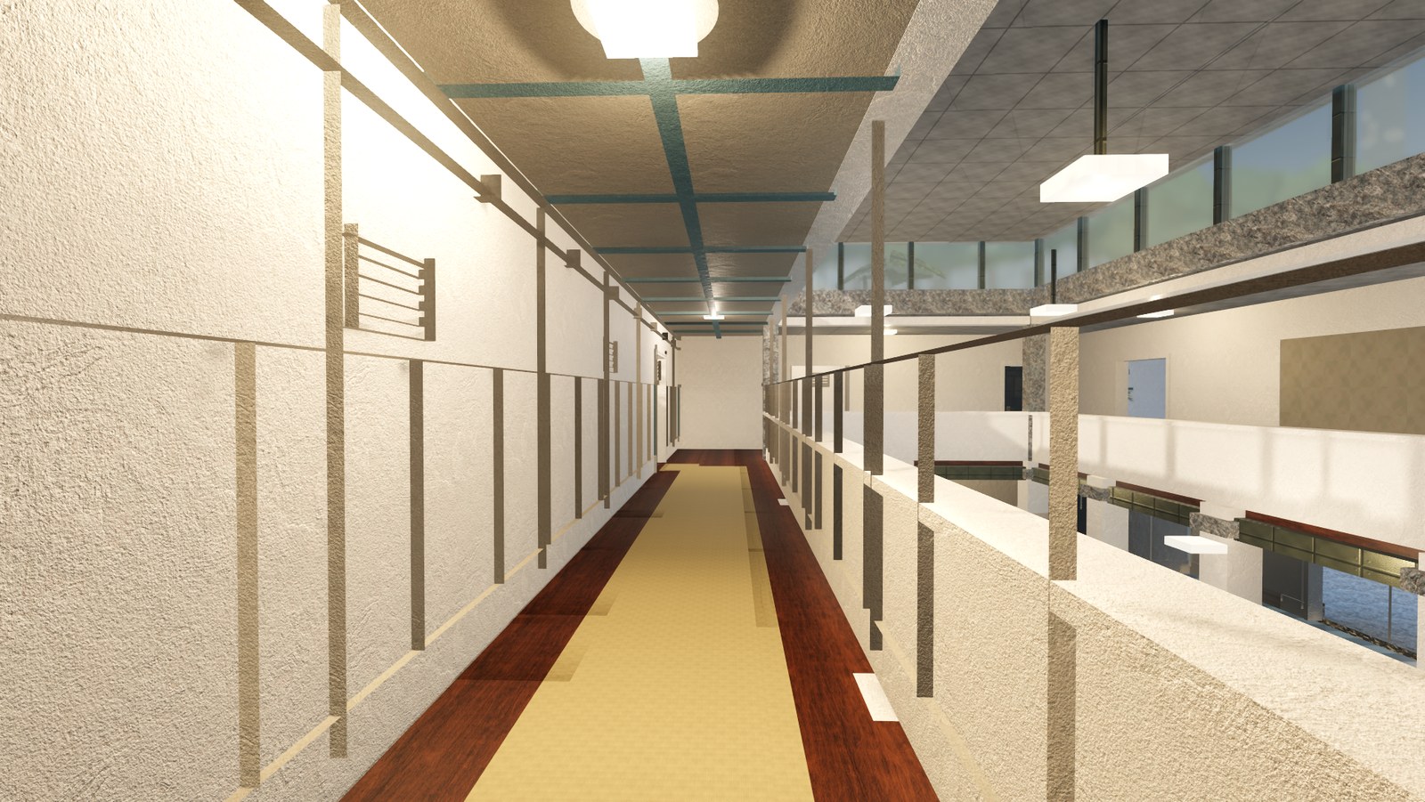 In-engine view of Gallery on Saltmarch: the first-floor gallery that rings the bathing hall, looking along the arcade.
