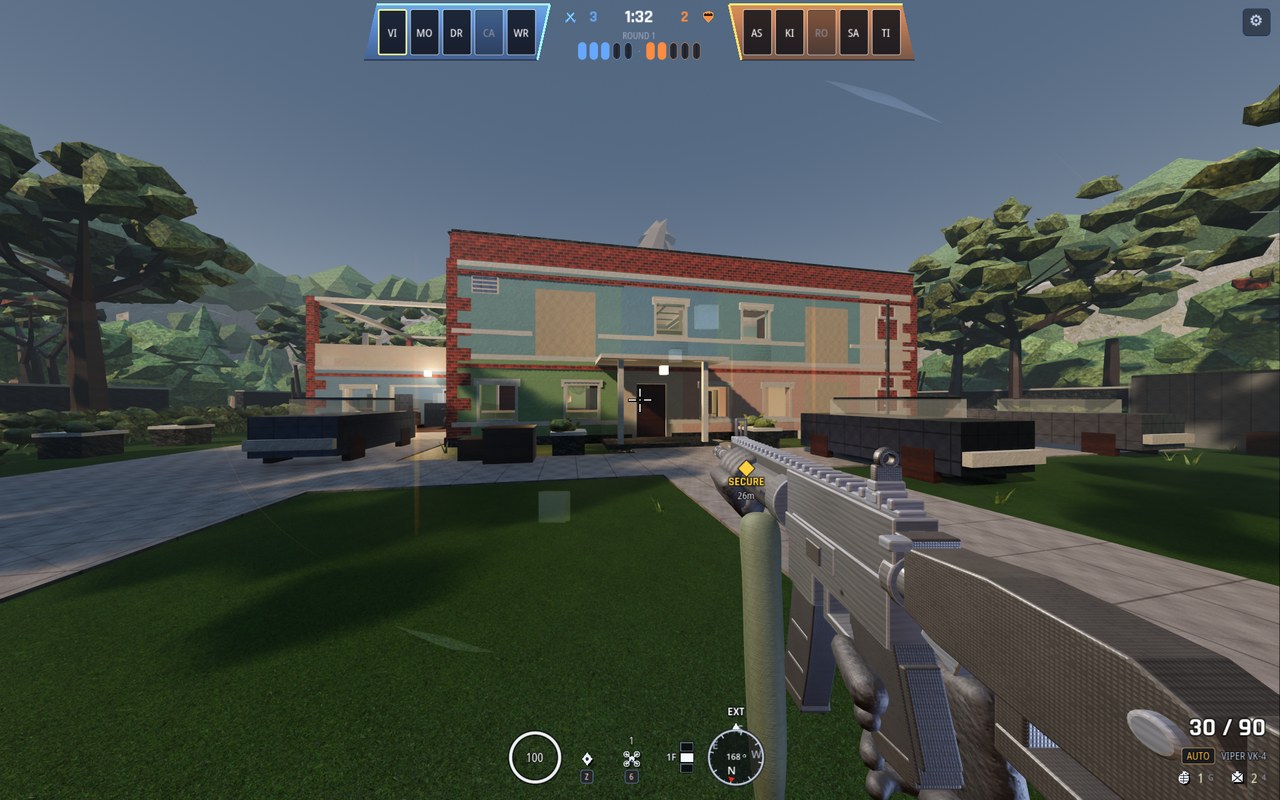 First-person view of an attacker crossing a lawn toward a building, with the multiplayer HUD: both five-man team rosters and the round clock along the top, a SECURE objective marker reading 26 metres, and ammunition, compass and floor indicator along the bottom
