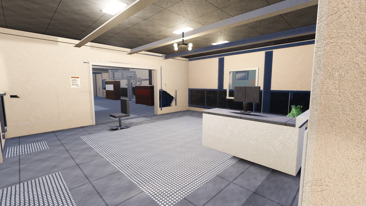 Bank: the open floor behind a bank's teller counters, strip-lit, with a doorway through to more counters beyond