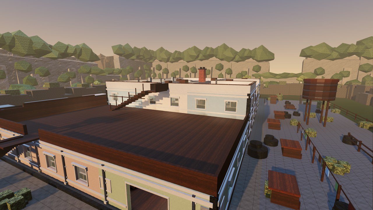 Sundown: rooftops of a frontier town in low evening sun, water tower to one side, fenced yard behind