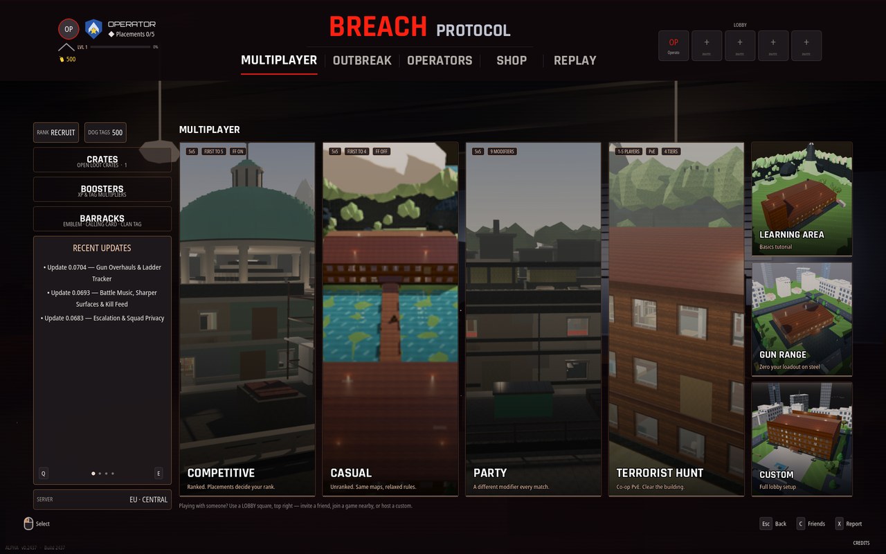 The main menu on the Multiplayer tab, showing playlist cards for Competitive, Casual, Party, Terrorist Hunt and Custom, with a learning area and gun range beside them