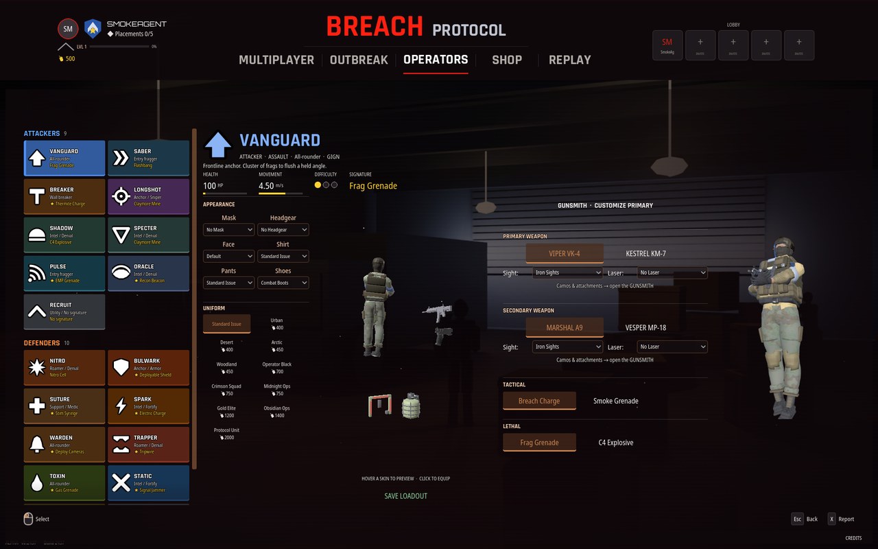 The operator select screen: an attacker roster and a defender roster down the left, Vanguard selected, with appearance, uniform and loadout on the right