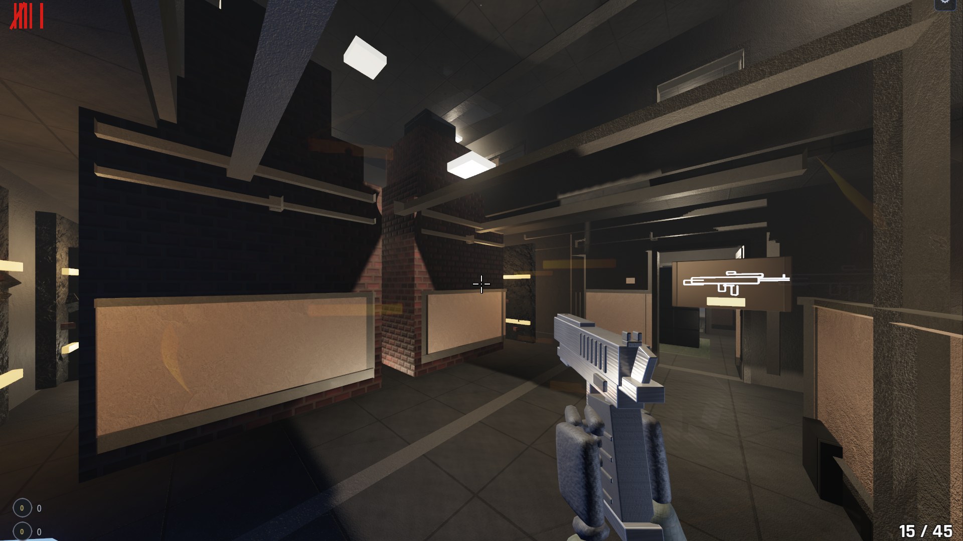 Outbreak: a wall-buy weapon panel glowing in a darkened interior, pistol drawn