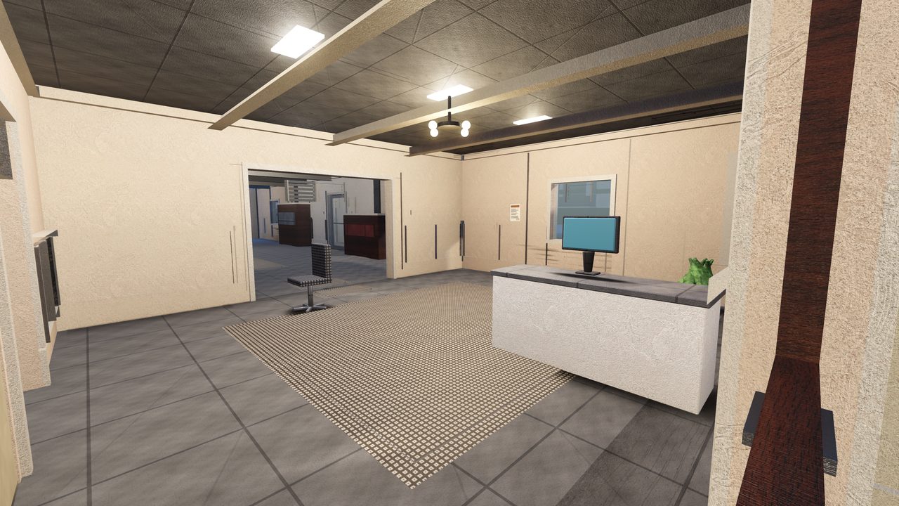 Bank: the open floor behind a bank's teller counters, strip-lit, with a doorway through to more counters beyond