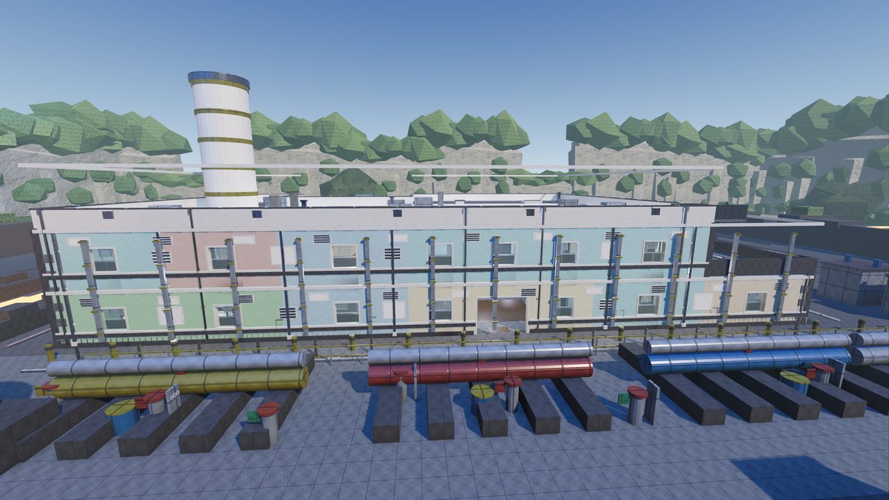 Cinderfell: the long two-storey face of a geothermal plant behind a run of large pipes, chimney at one end
