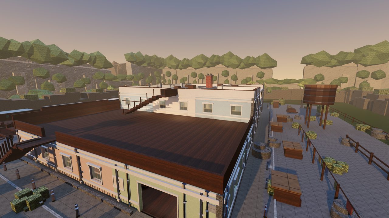 Dustwell: rooftops of a frontier town in low evening sun, water tower to one side, fenced yard behind