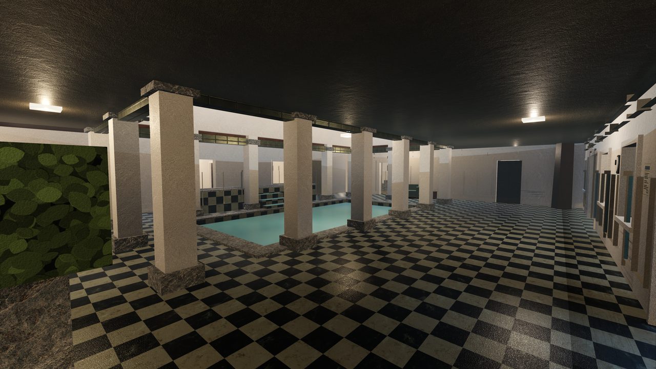 Saltmarch: the double-height bathing hall, a lit pool between square columns over a black-and-white chequered floor